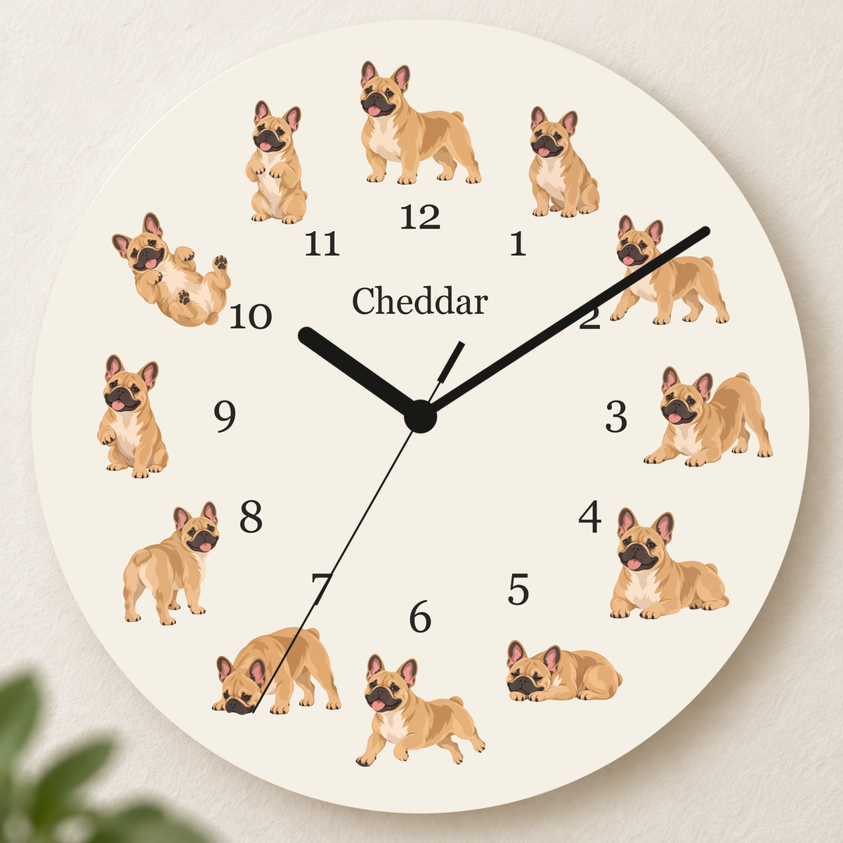 Personalized French Bulldog Wall Clock, Custom Pet Name, 11.6 Inch Wooden Clock — Warm Ivory background