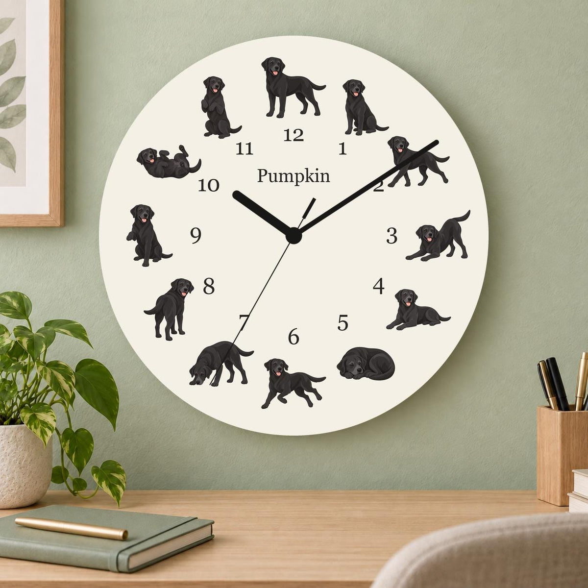 Personalized Labrador Retriever wooden wall clock with example name Pumpkin; home office