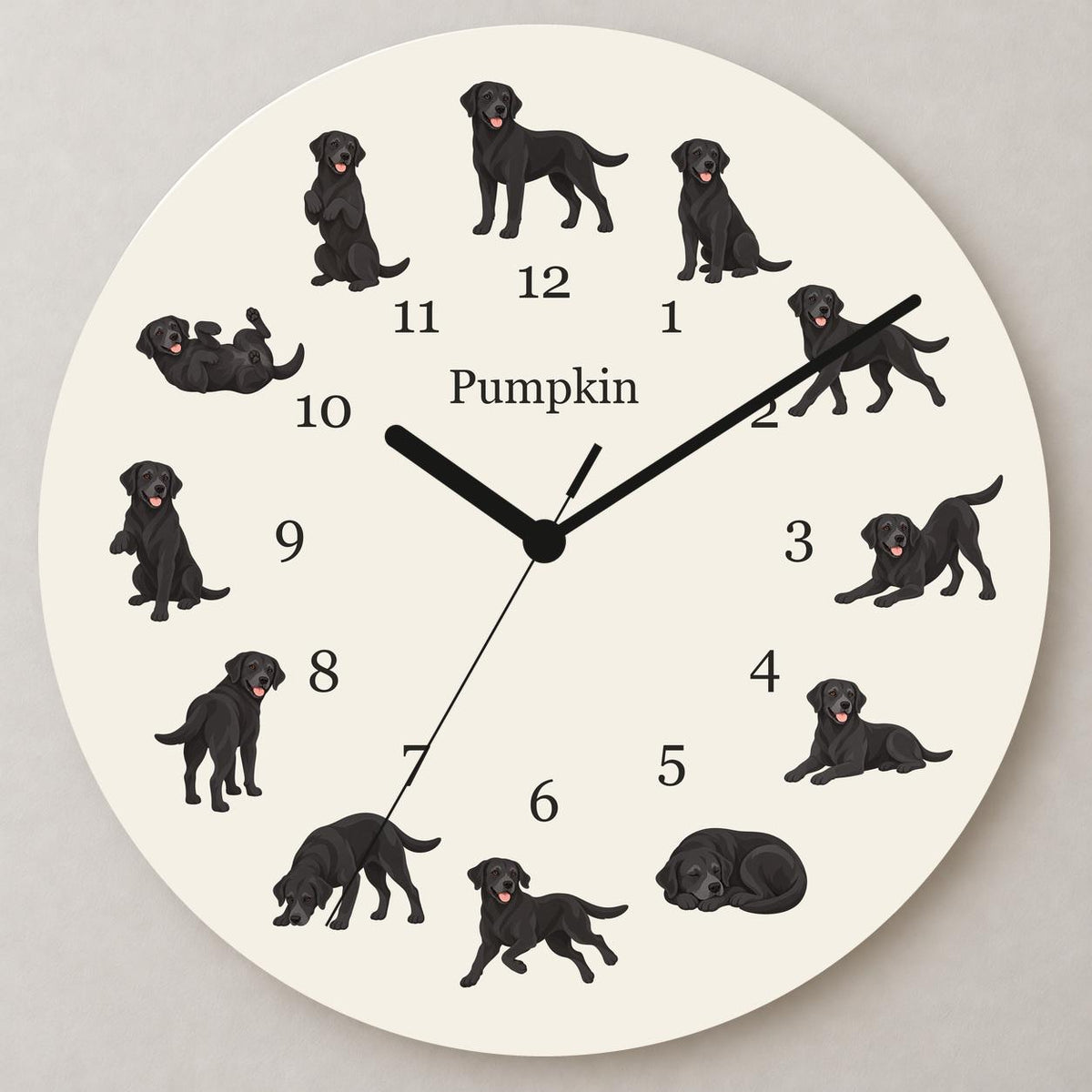 Personalized Labrador Retriever wooden wall clock with example name Pumpkin; close up