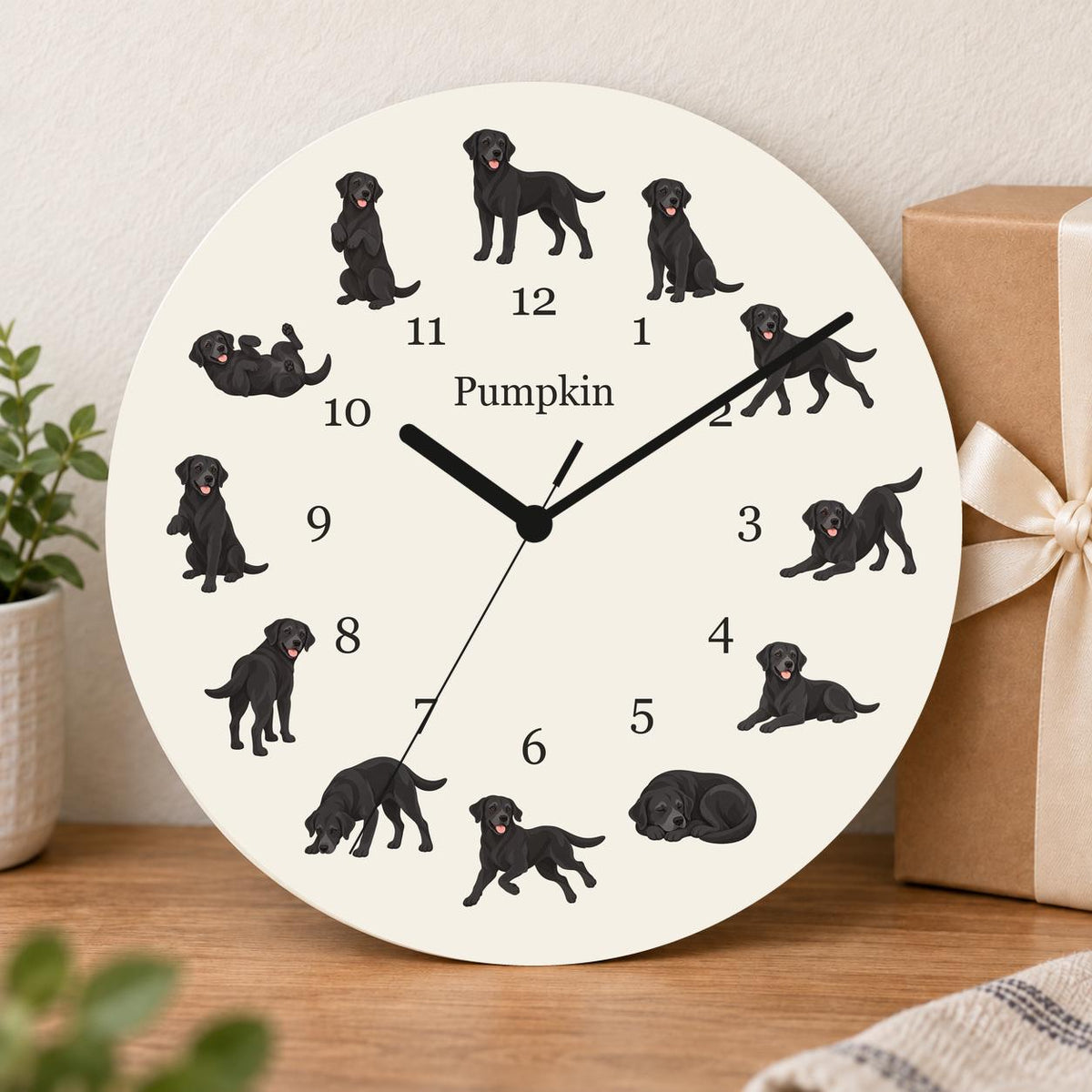 Personalized Labrador Retriever wooden wall clock with example name Pumpkin; gift