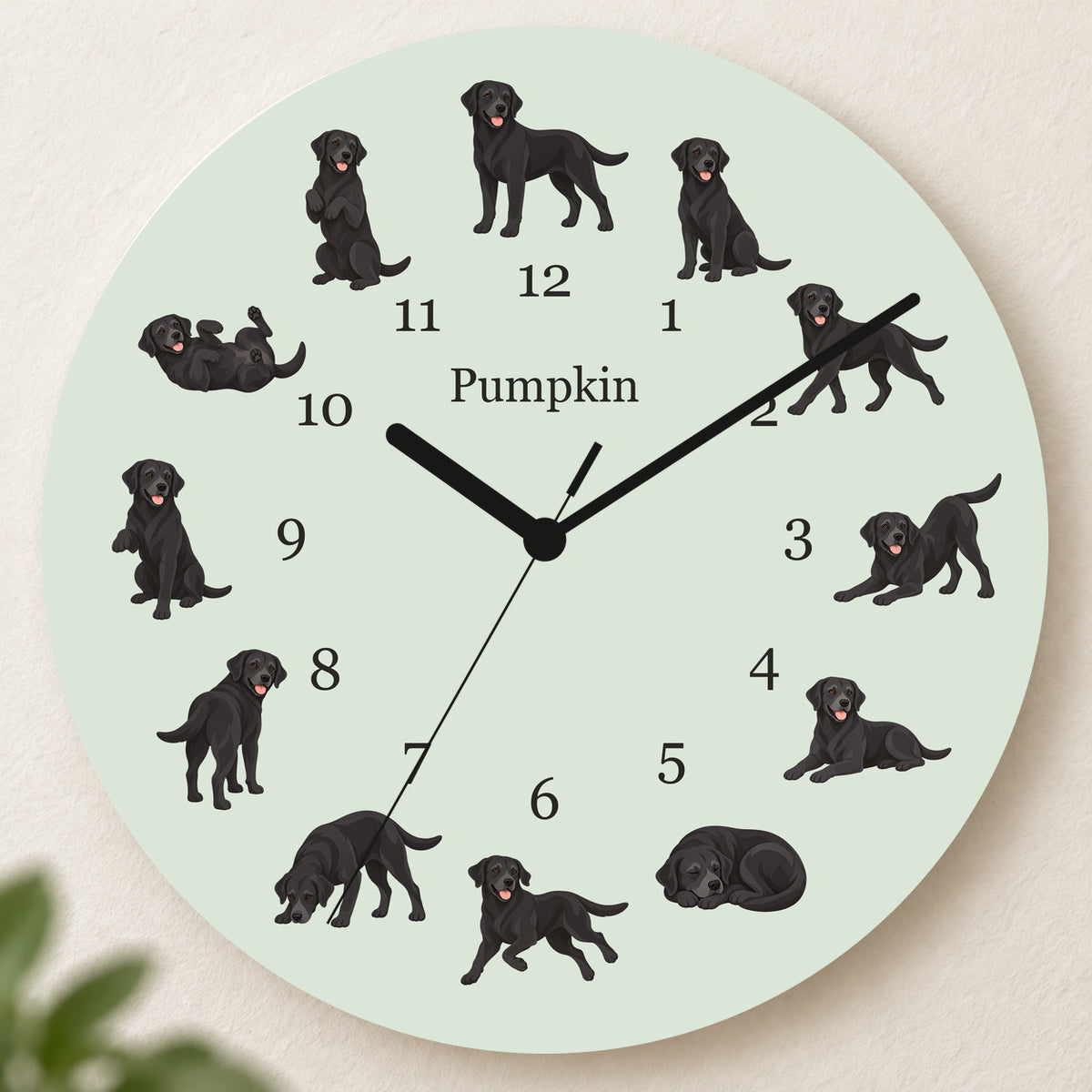 Personalized Labrador Retriever Wall Clock, Custom Pet Name, 11.6 Inch Wooden Clock — Pale Sage background