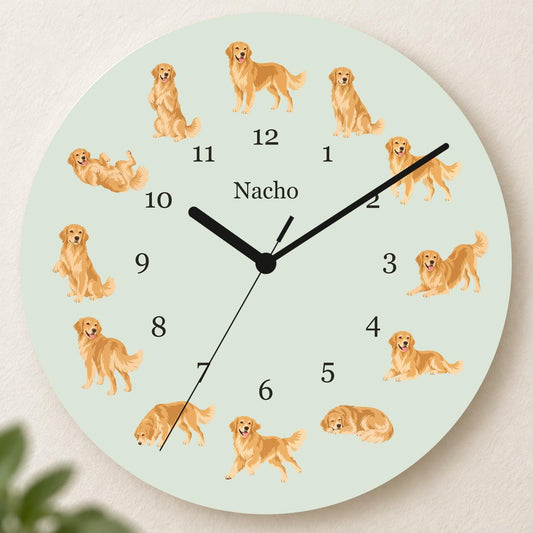 Personalized Golden Retriever wooden wall clock with example name Nacho; hero