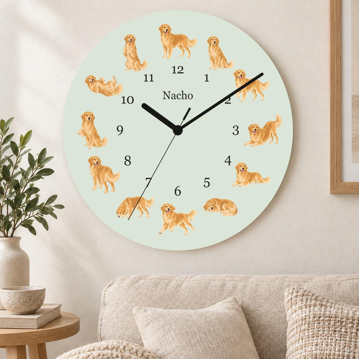 Personalized Golden Retriever wooden wall clock with example name Nacho; living room