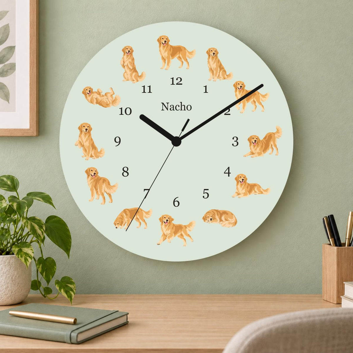 Personalized Golden Retriever wooden wall clock with example name Nacho; home office
