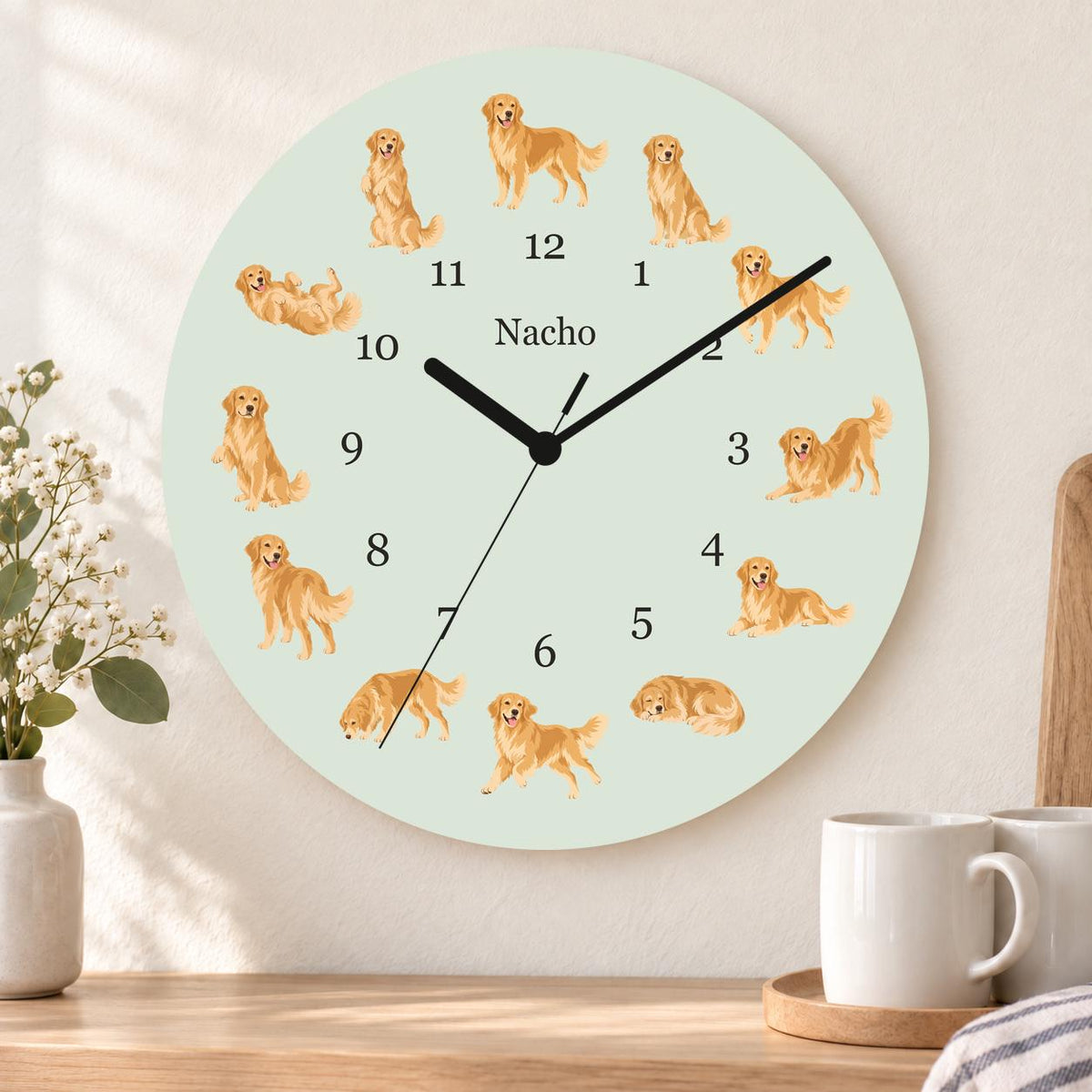 Personalized Golden Retriever wooden wall clock with example name Nacho; kitchen