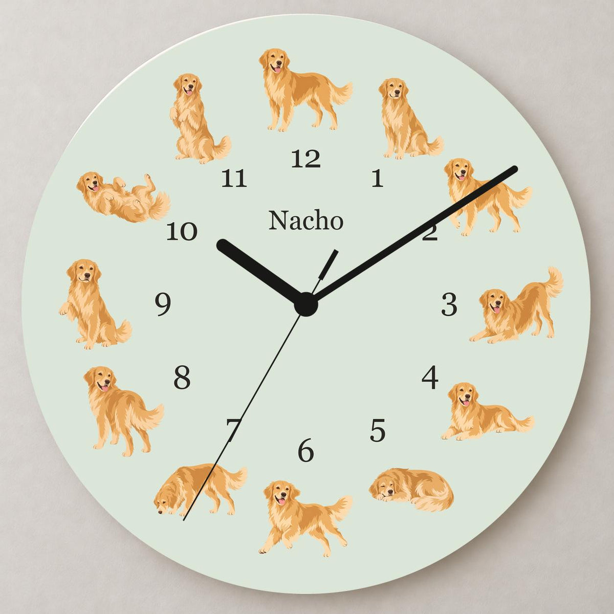 Personalized Golden Retriever wooden wall clock with example name Nacho; close up