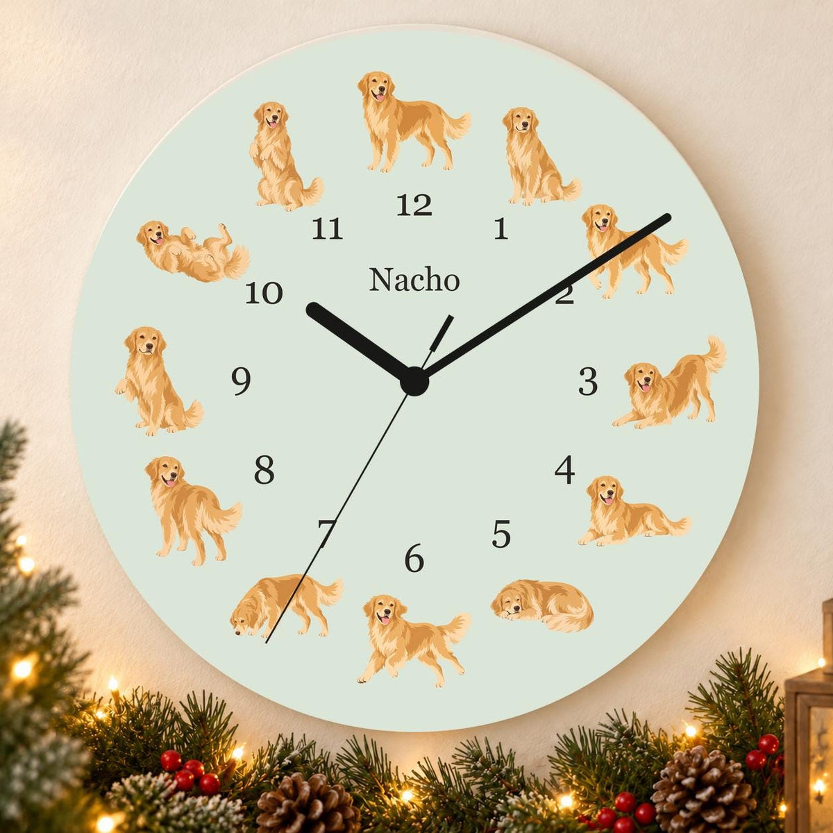 Personalized Golden Retriever wooden wall clock with example name Nacho; holiday