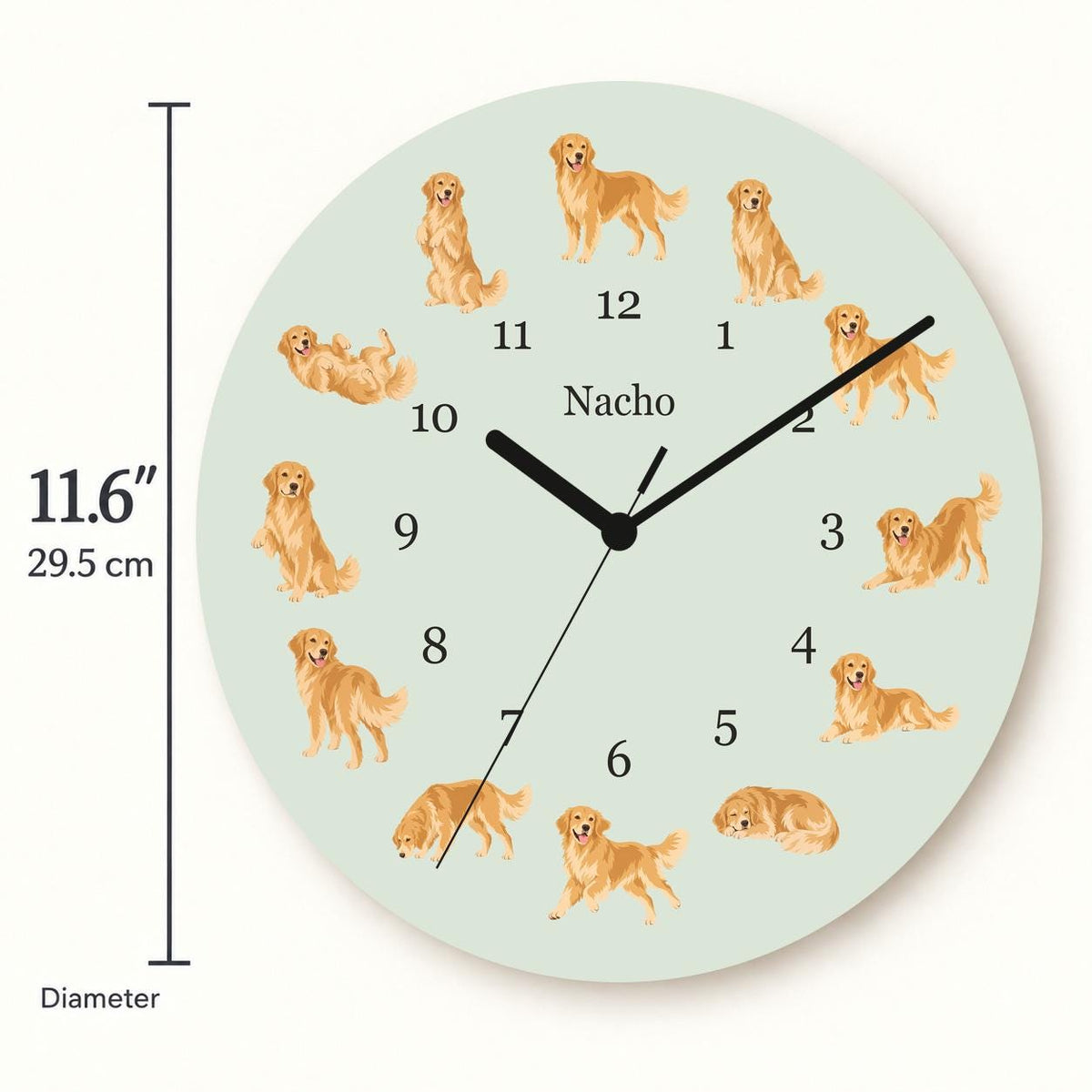 Personalized Golden Retriever wooden wall clock with example name Nacho; size