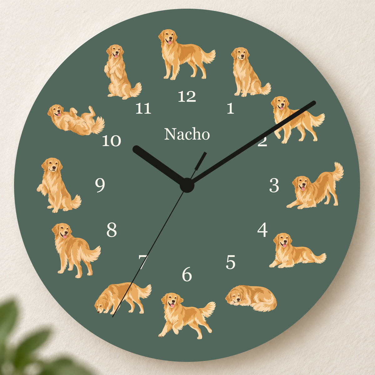 Personalized Golden Retriever Wall Clock, Custom Pet Name, 11.6 Inch Wooden Clock — Deep Sage background