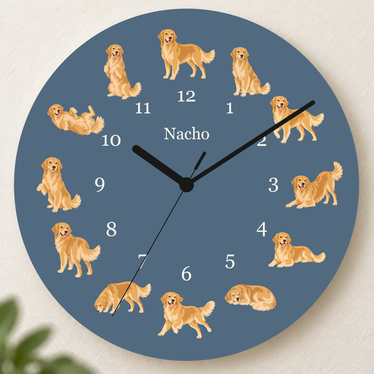 Personalized Golden Retriever Wall Clock, Custom Pet Name, 11.6 Inch Wooden Clock — Muted Denim background