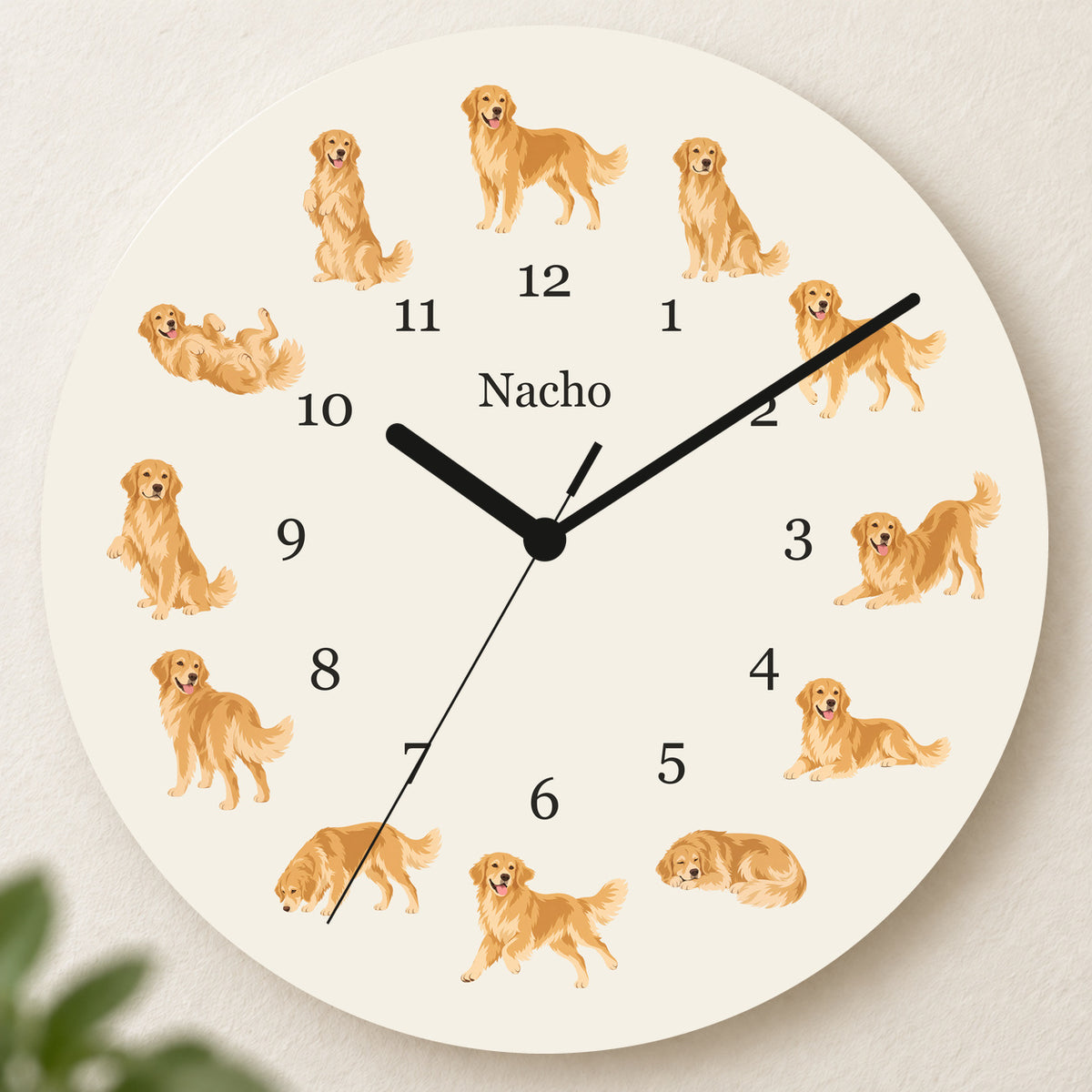 Personalized Golden Retriever Wall Clock, Custom Pet Name, 11.6 Inch Wooden Clock — Warm Ivory background