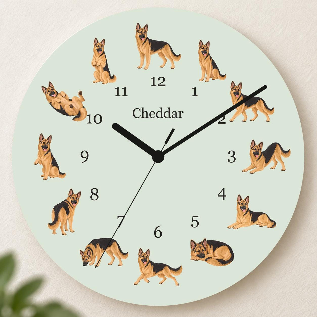 Personalized German Shepherd Dog wooden wall clock with example name Cheddar; hero
