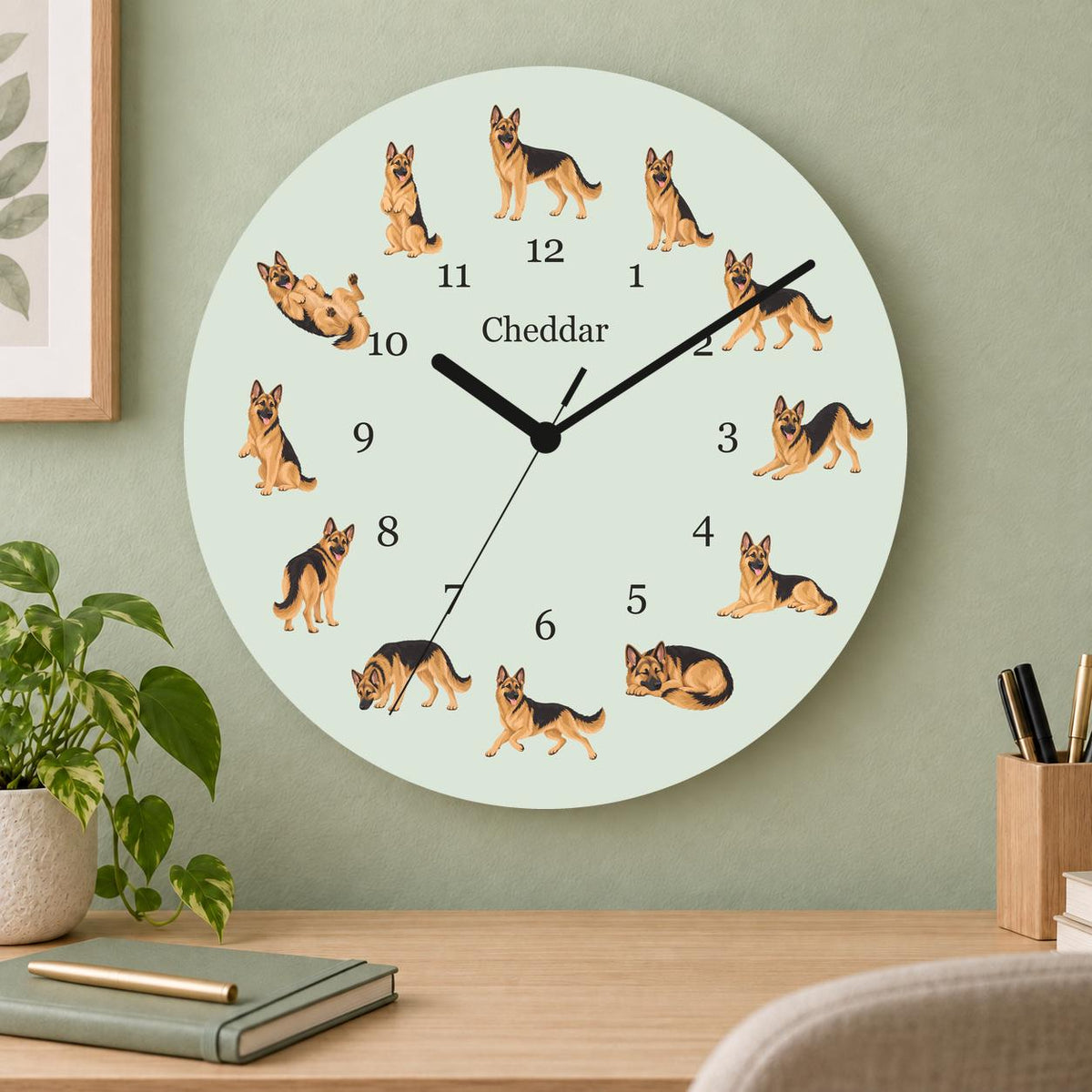 Personalized German Shepherd Dog wooden wall clock with example name Cheddar; home office