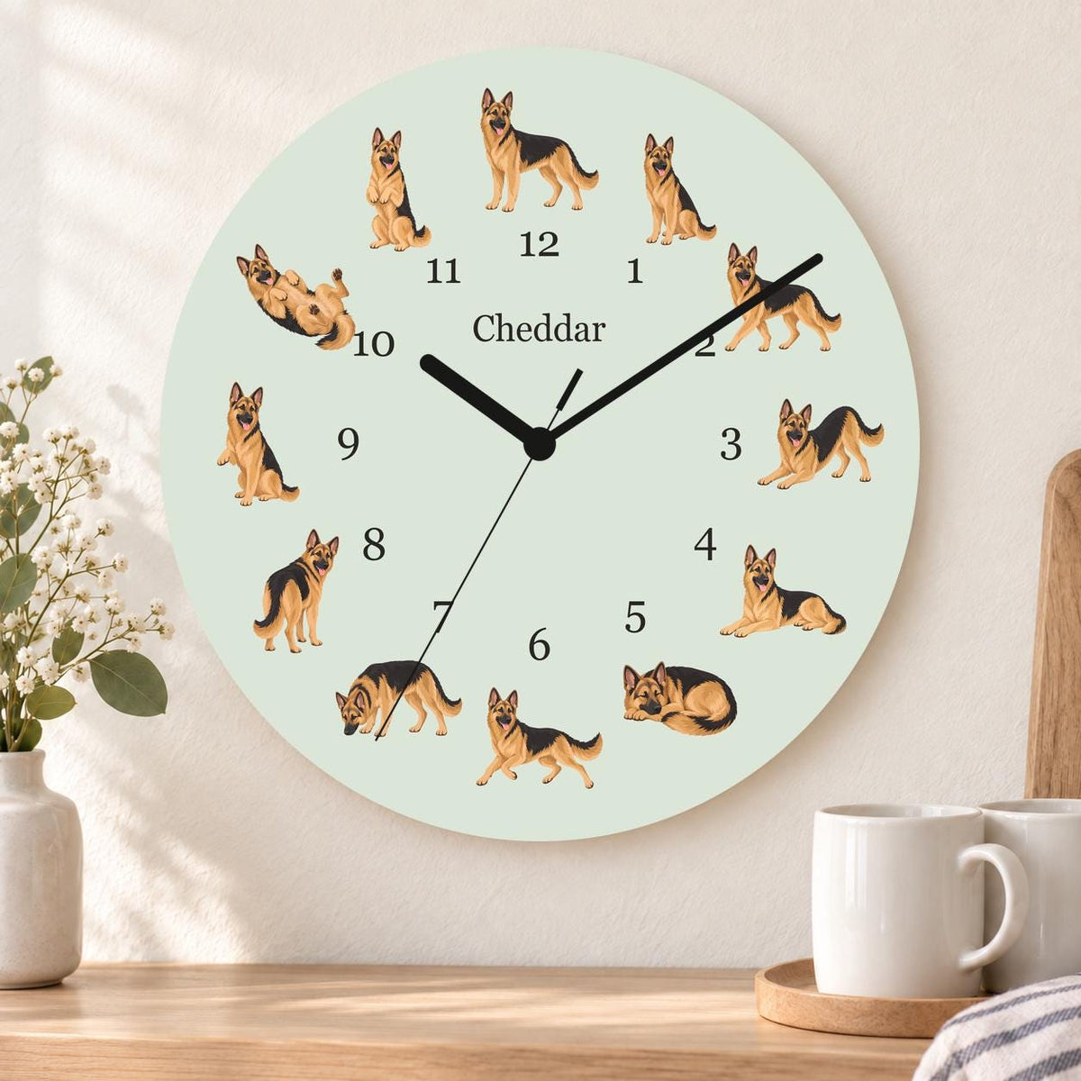Personalized German Shepherd Dog wooden wall clock with example name Cheddar; kitchen