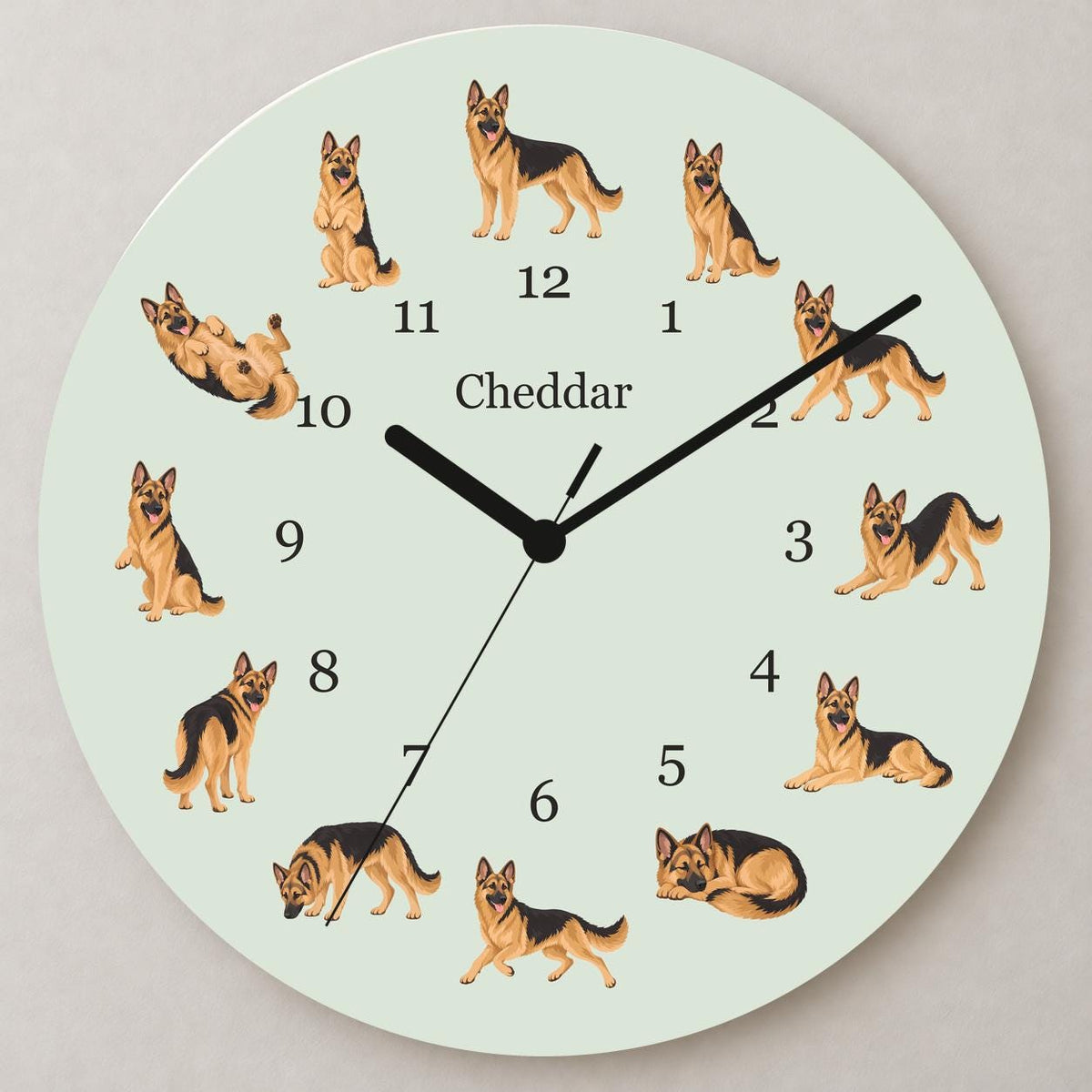 Personalized German Shepherd Dog wooden wall clock with example name Cheddar; close up