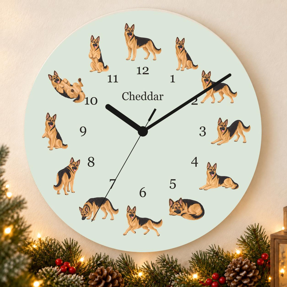 Personalized German Shepherd Dog wooden wall clock with example name Cheddar; holiday