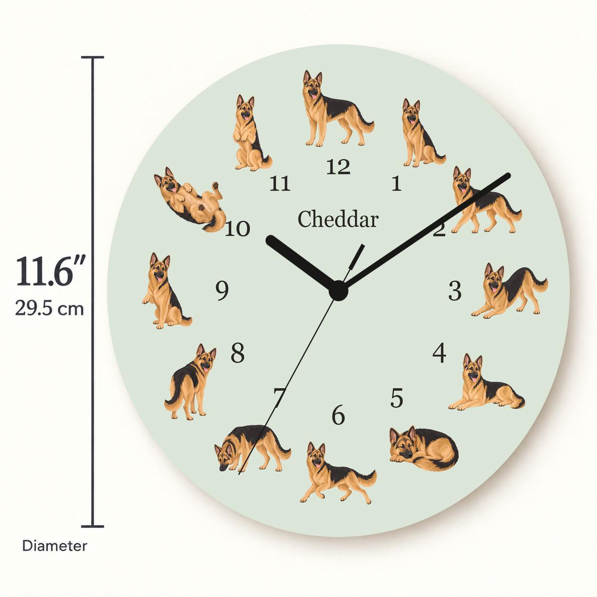 Personalized German Shepherd Dog wooden wall clock with example name Cheddar; size