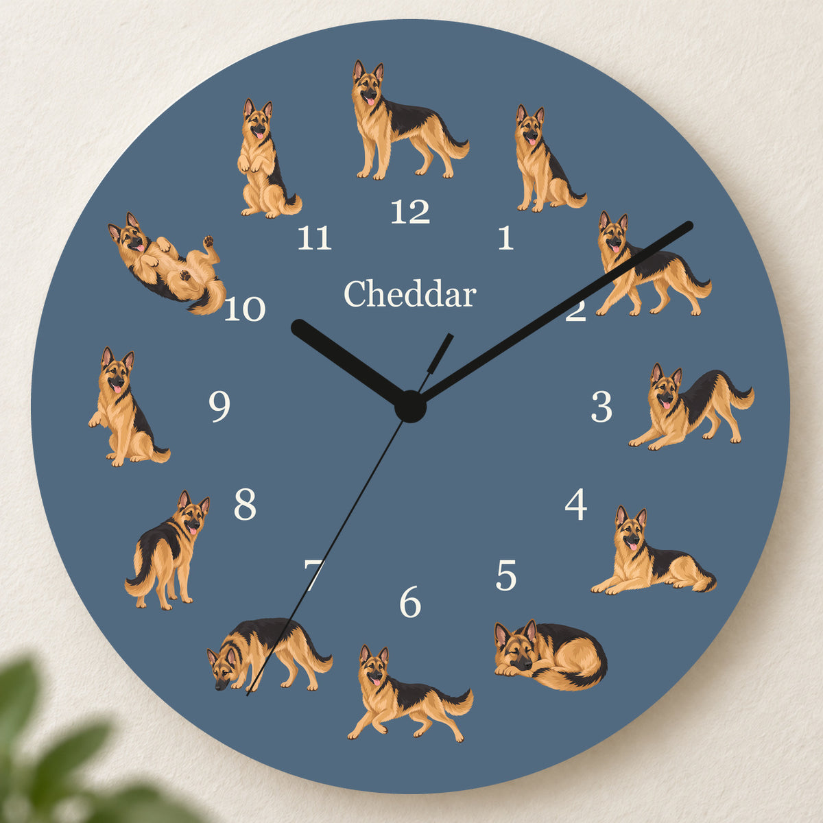 Personalized German Shepherd Dog Wall Clock, Custom Pet Name, 11.6 Inch Wooden Clock — Muted Denim background