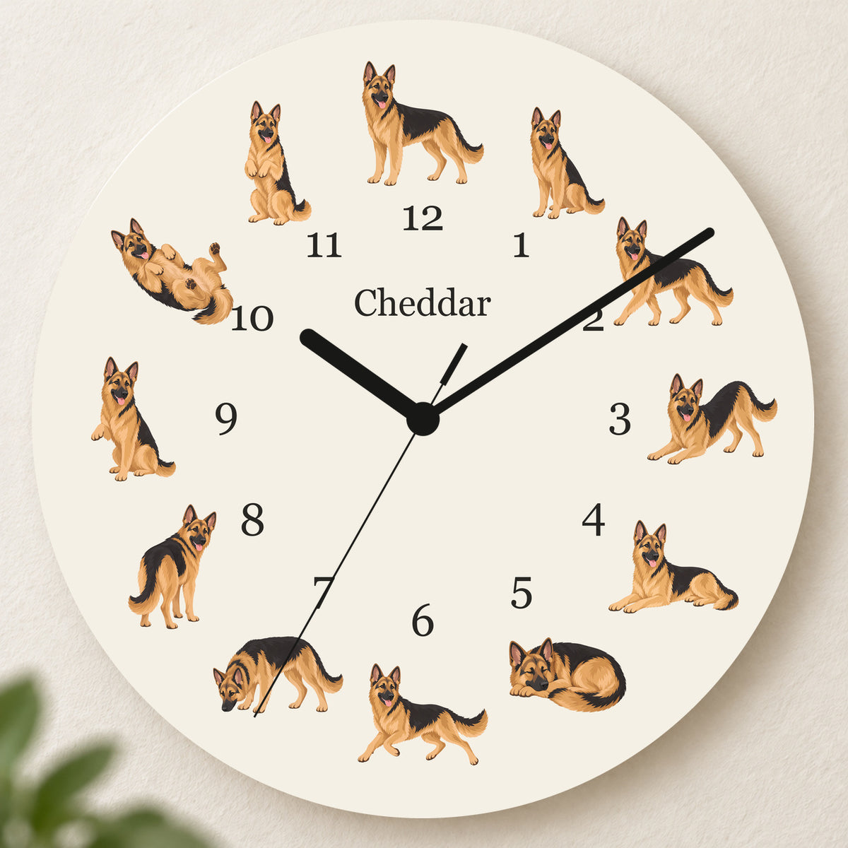 Personalized German Shepherd Dog Wall Clock, Custom Pet Name, 11.6 Inch Wooden Clock — Warm Ivory background