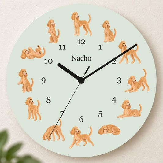 Personalized Poodle wooden wall clock with example name Nacho; hero