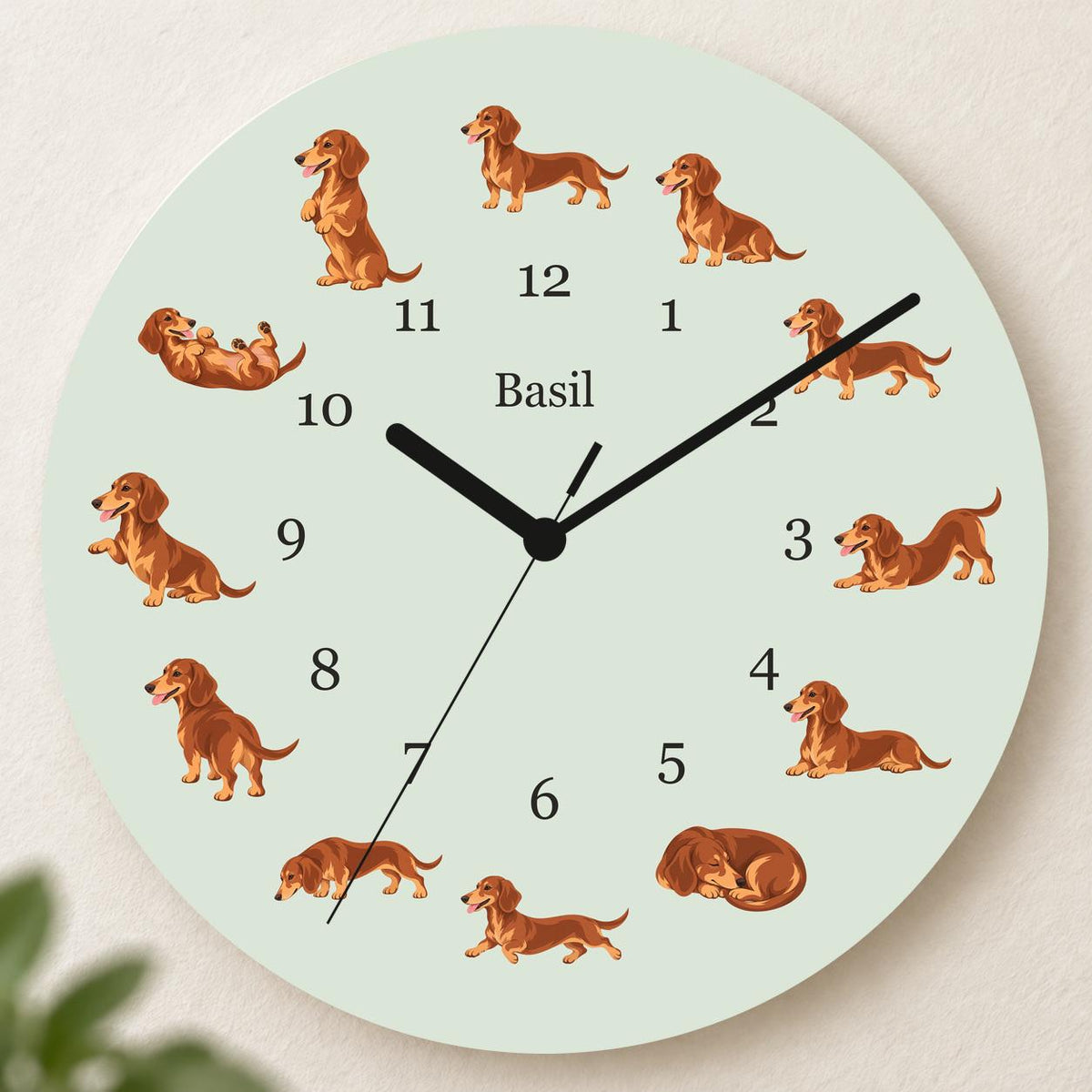 Personalized Dachshund wooden wall clock with example name Basil; hero