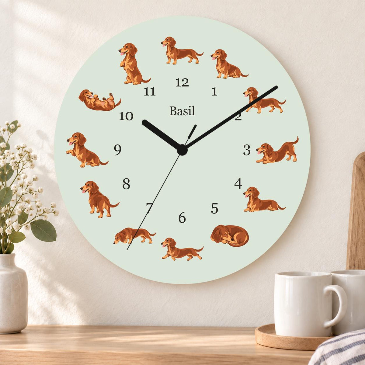 Personalized Dachshund wooden wall clock with example name Basil; kitchen