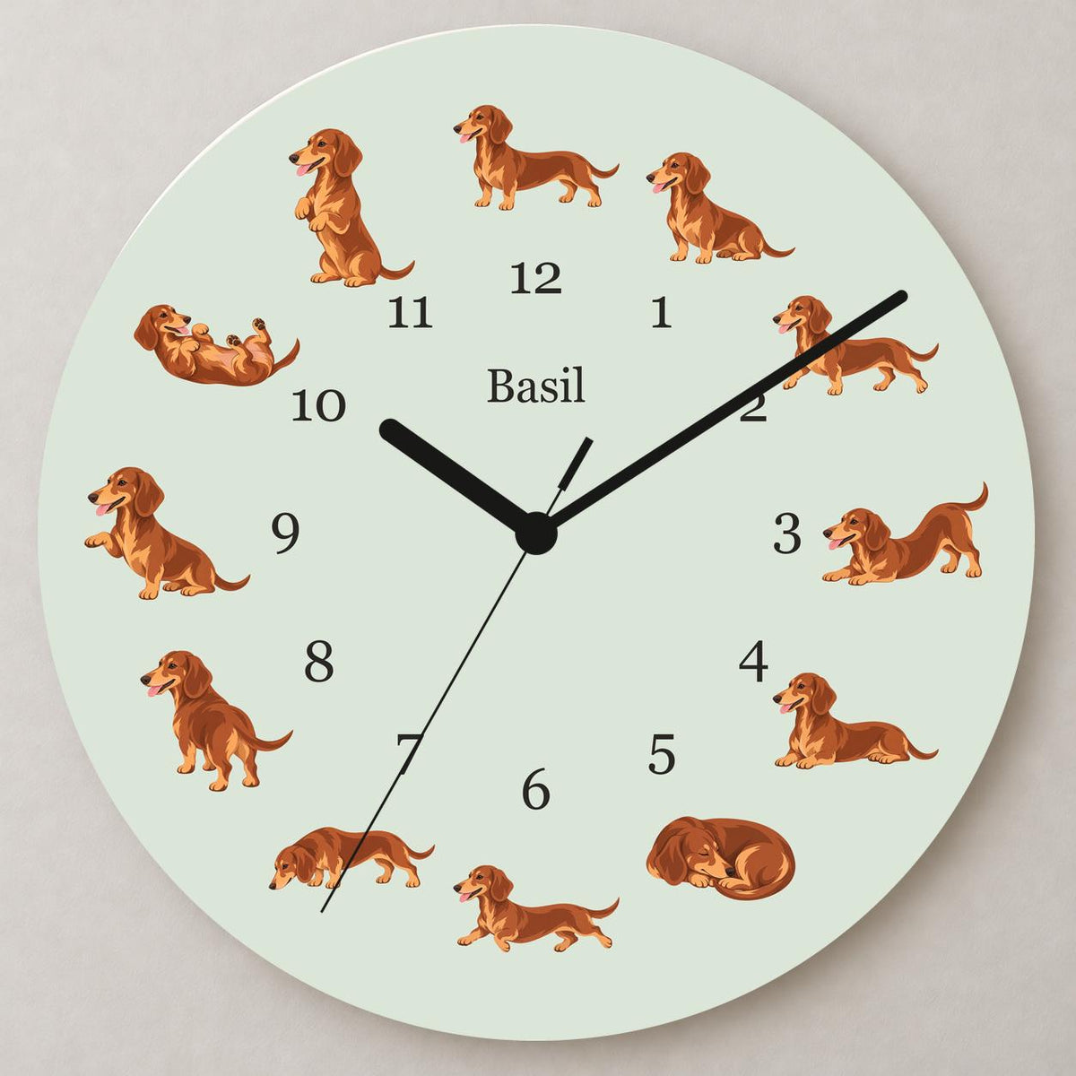 Personalized Dachshund wooden wall clock with example name Basil; close up