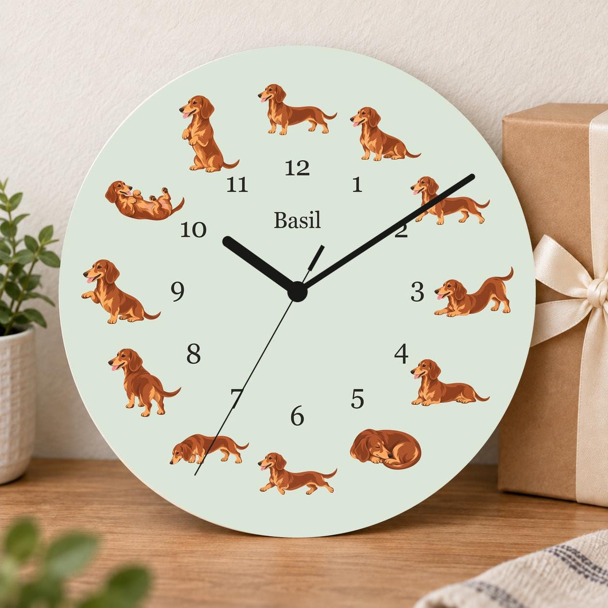 Personalized Dachshund wooden wall clock with example name Basil; gift