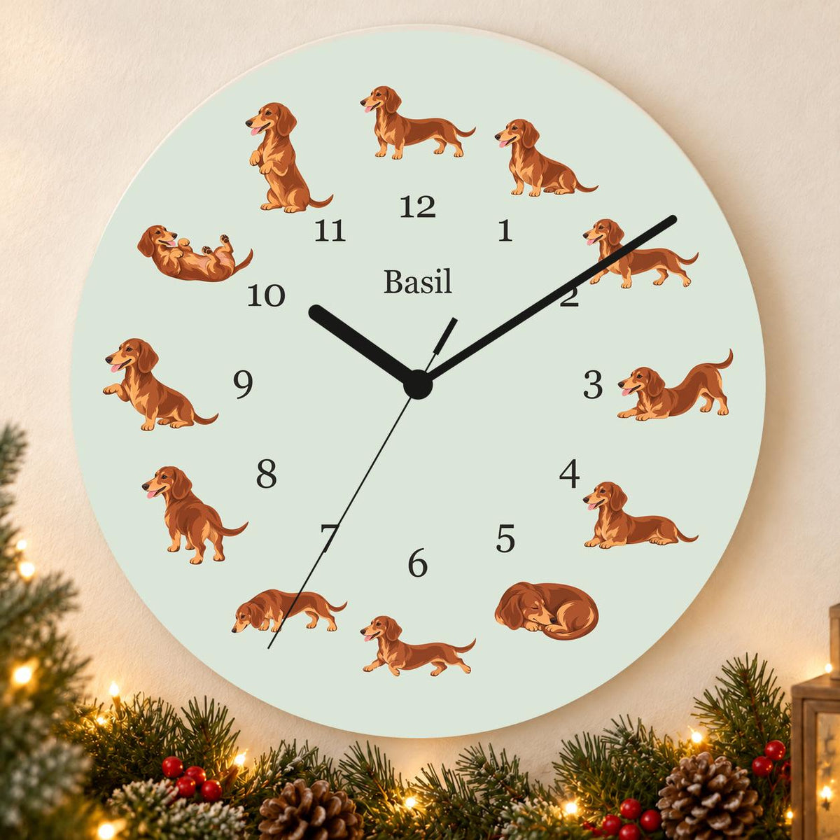 Personalized Dachshund wooden wall clock with example name Basil; holiday