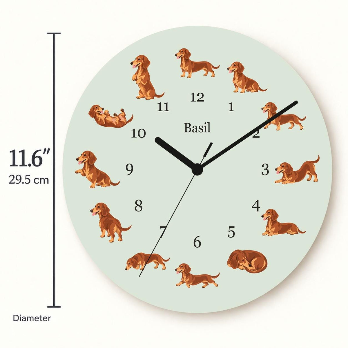 Personalized Dachshund wooden wall clock with example name Basil; size
