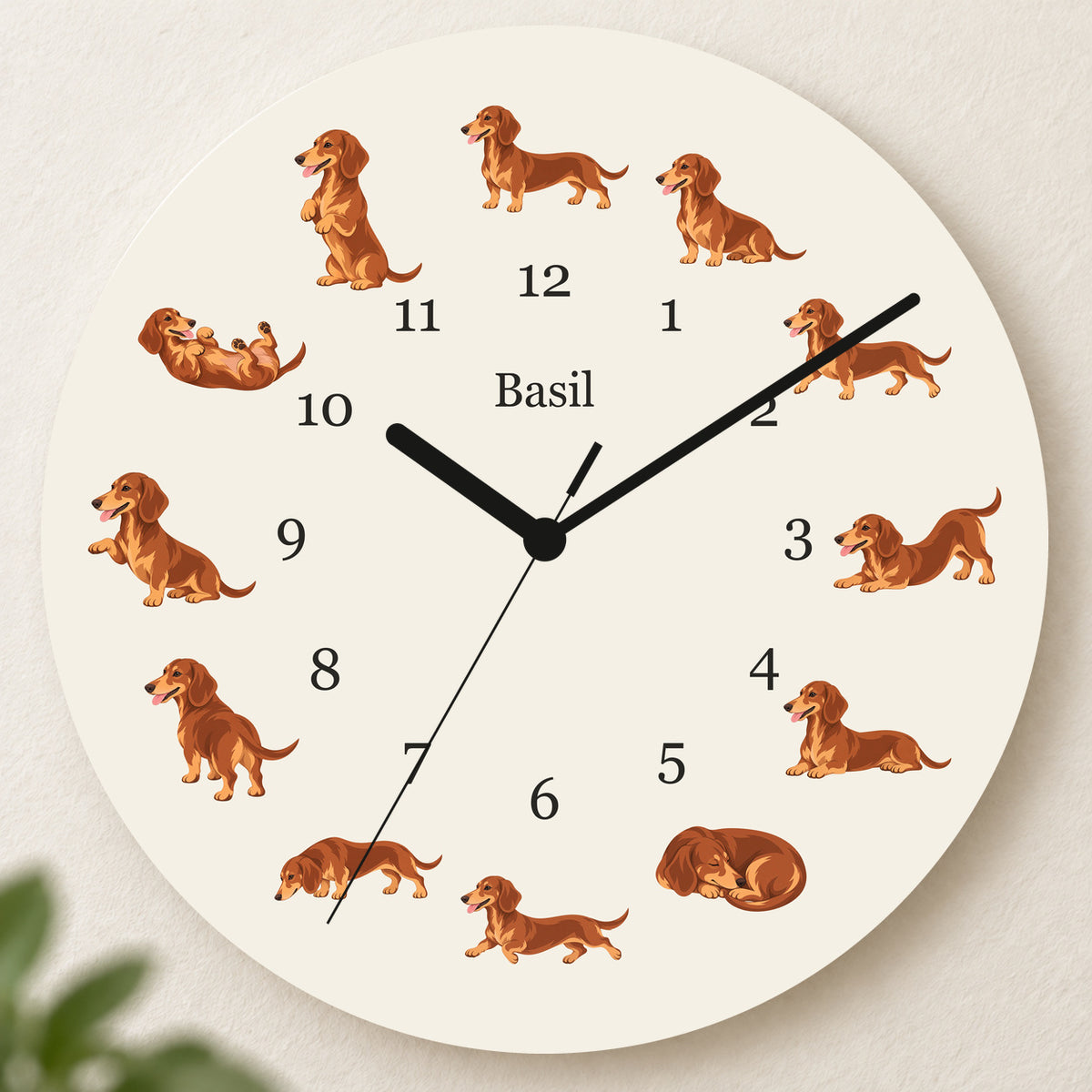 Personalized Dachshund Wall Clock, Custom Pet Name, 11.6 Inch Wooden Clock — Warm Ivory background