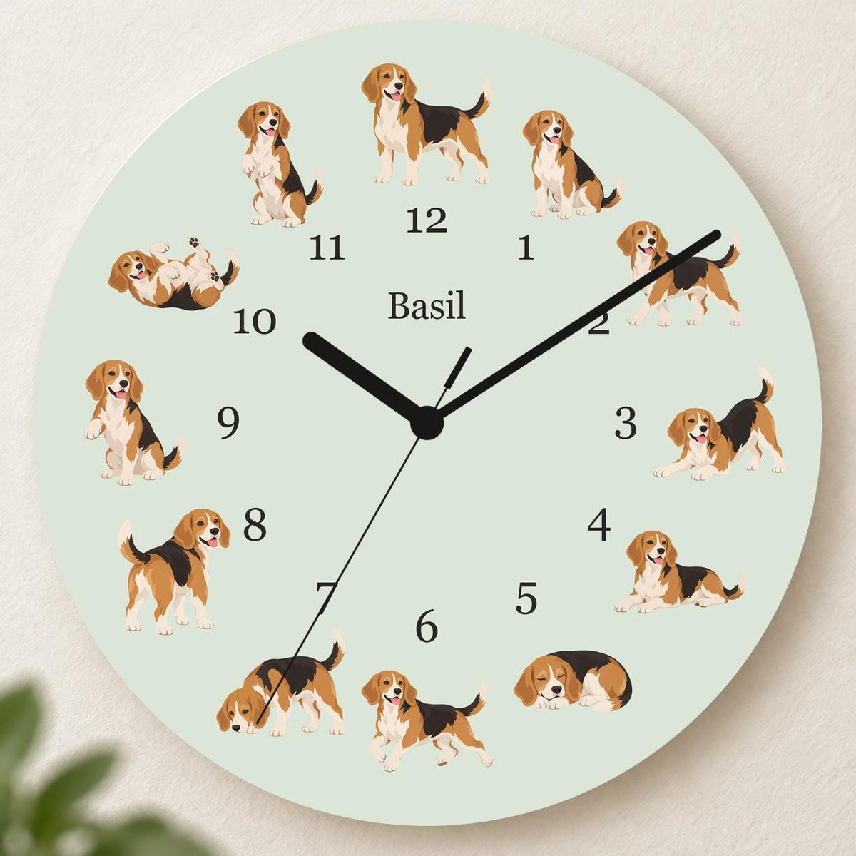 Personalized Beagle wooden wall clock with example name Basil; hero