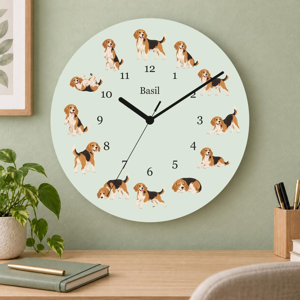 Personalized Beagle wooden wall clock with example name Basil; home office