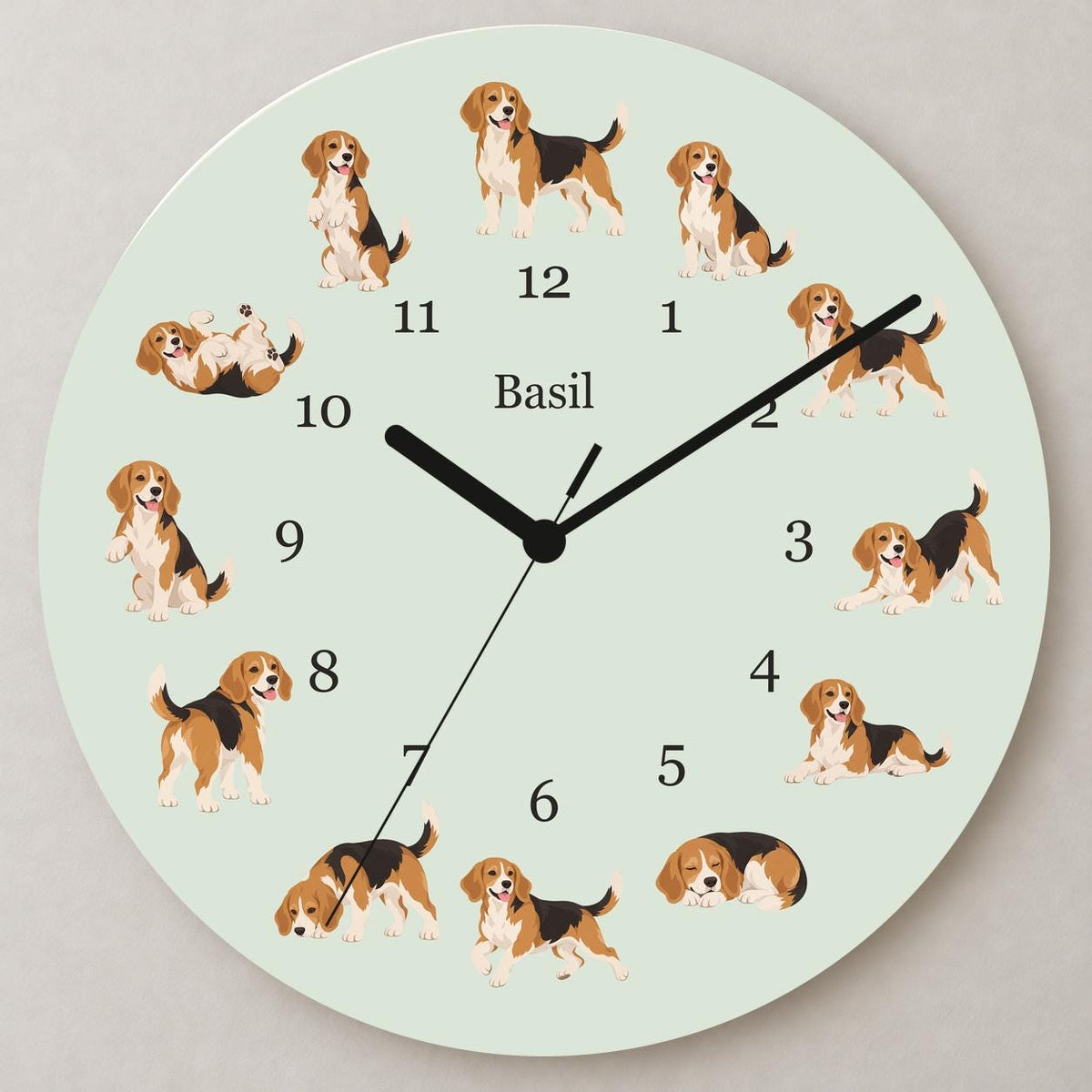 Personalized Beagle wooden wall clock with example name Basil; close up