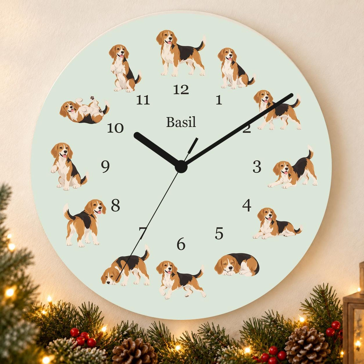 Personalized Beagle wooden wall clock with example name Basil; holiday