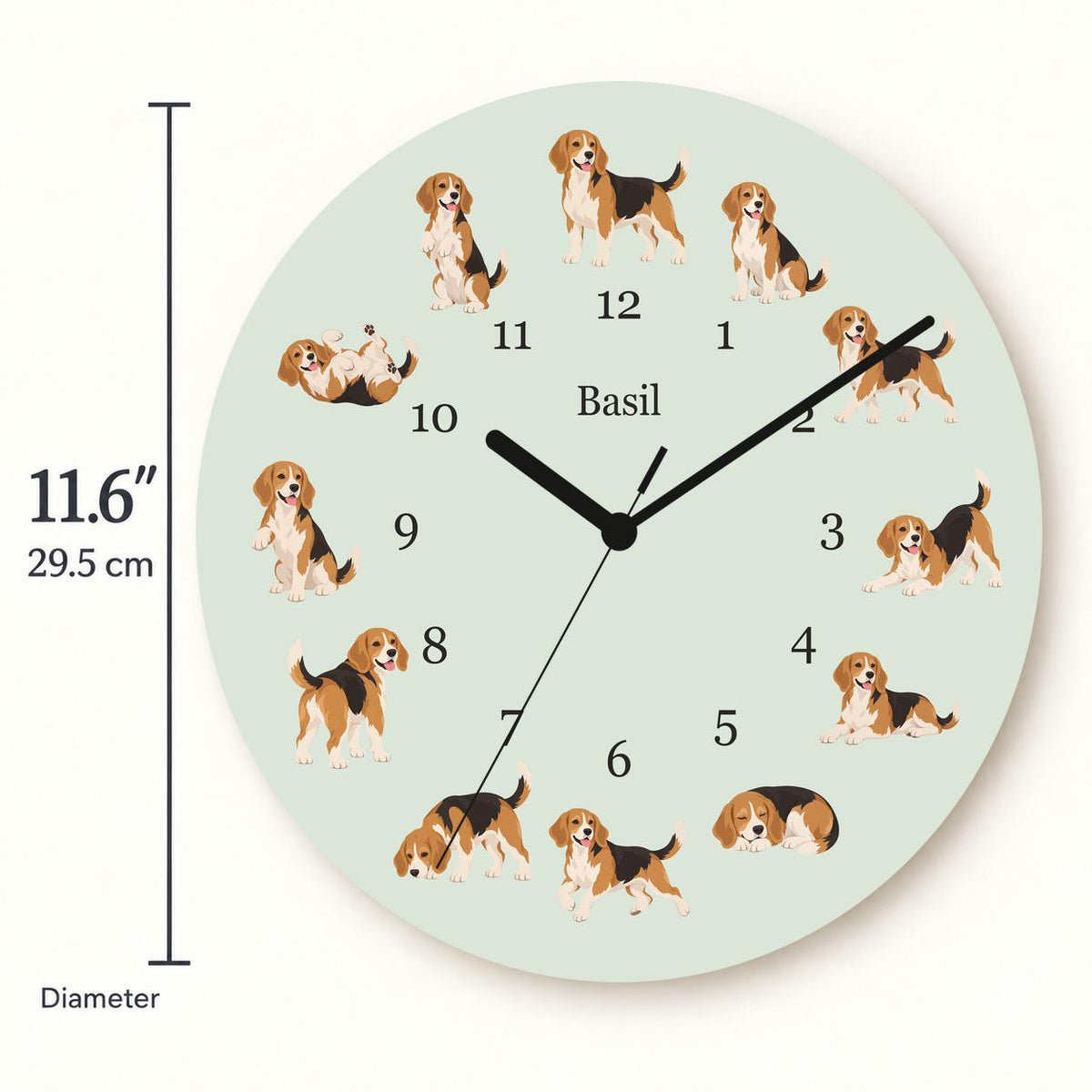Personalized Beagle wooden wall clock with example name Basil; size