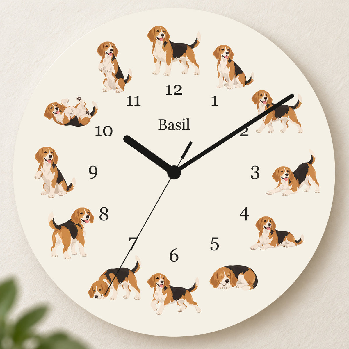 Personalized Beagle Wall Clock, Custom Pet Name, 11.6 Inch Wooden Clock — Warm Ivory background