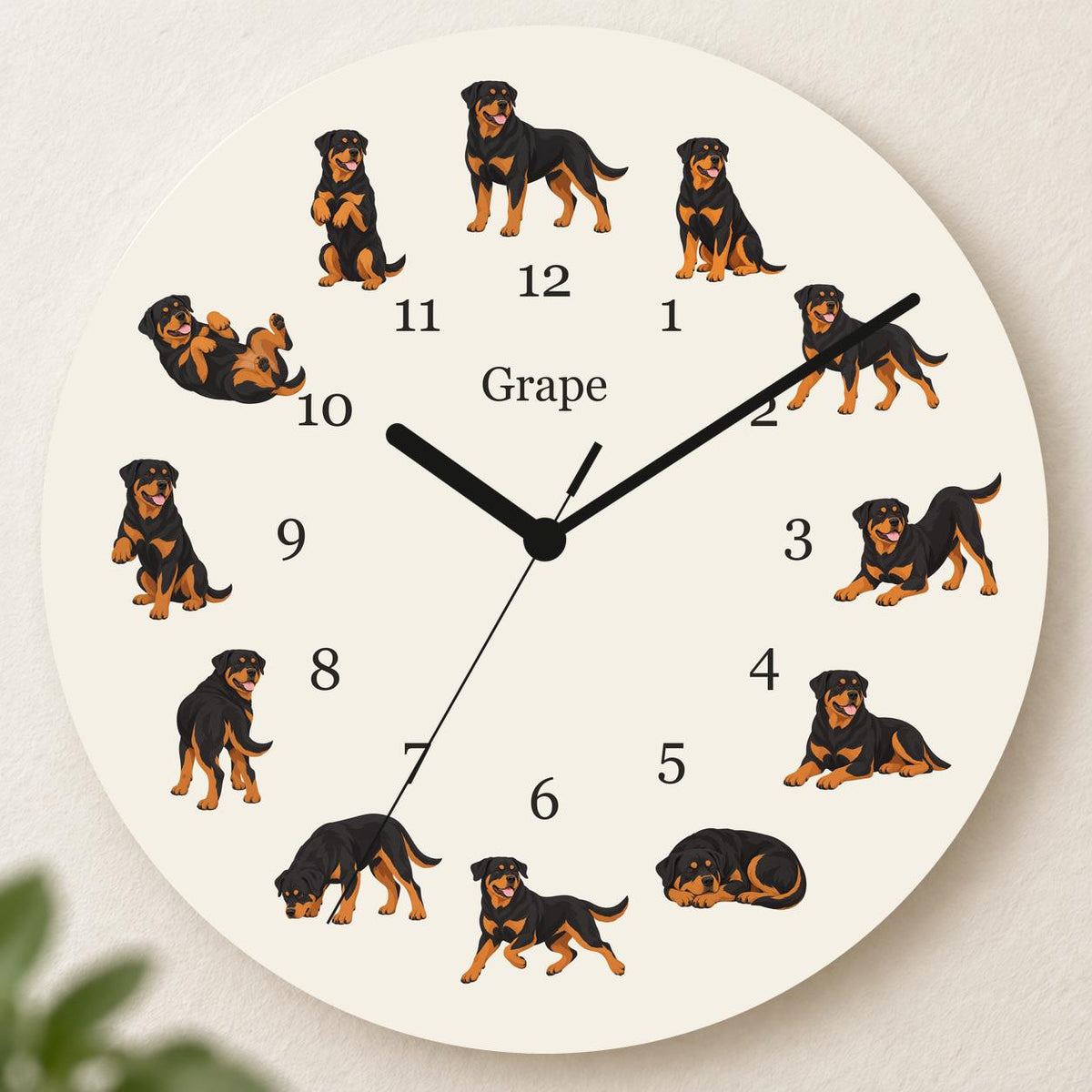 Personalized Rottweiler wooden wall clock with example name Grape; hero