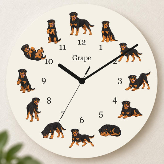 Personalized Rottweiler wooden wall clock with example name Grape; hero