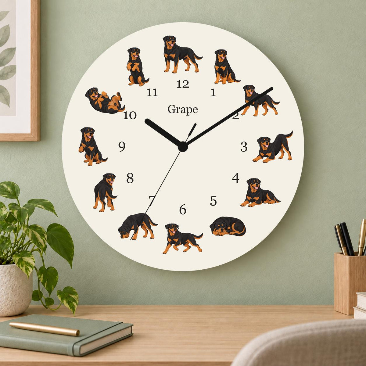 Personalized Rottweiler wooden wall clock with example name Grape; home office