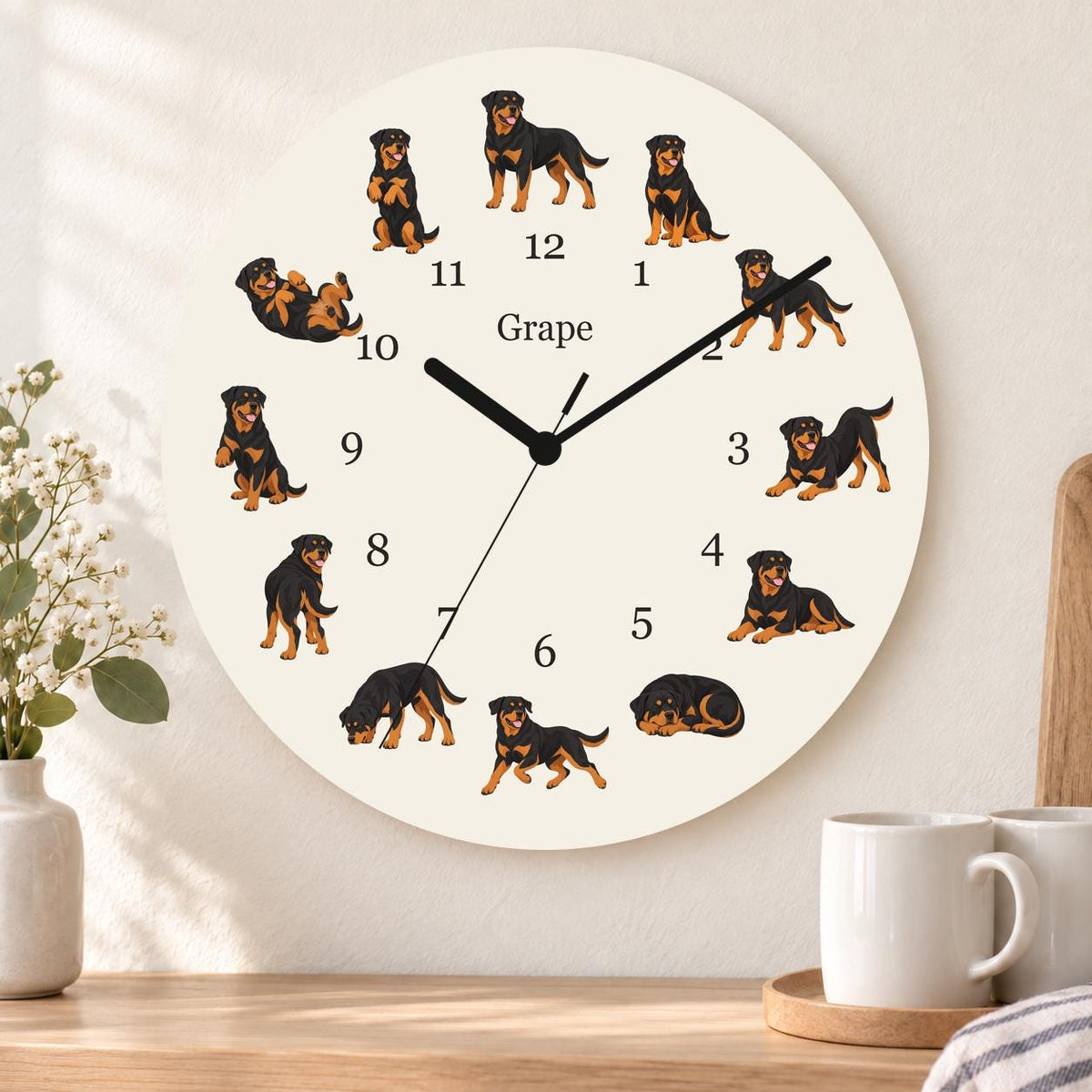 Personalized Rottweiler wooden wall clock with example name Grape; kitchen