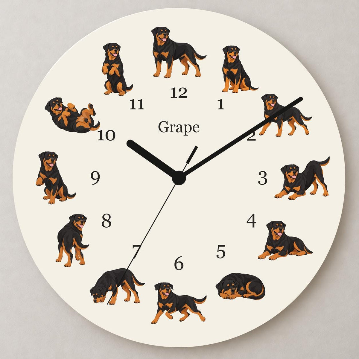 Personalized Rottweiler wooden wall clock with example name Grape; close up