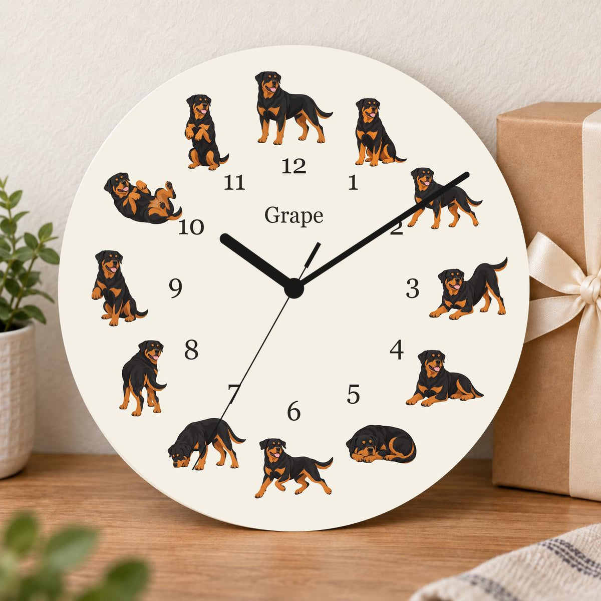 Personalized Rottweiler wooden wall clock with example name Grape; gift