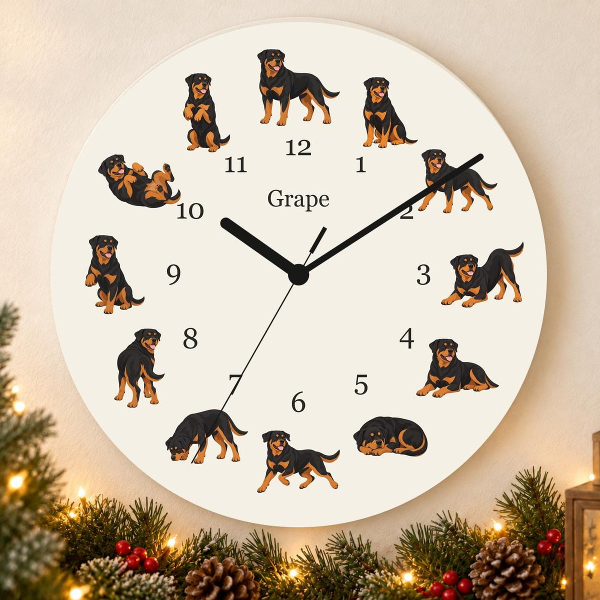 Personalized Rottweiler wooden wall clock with example name Grape; holiday