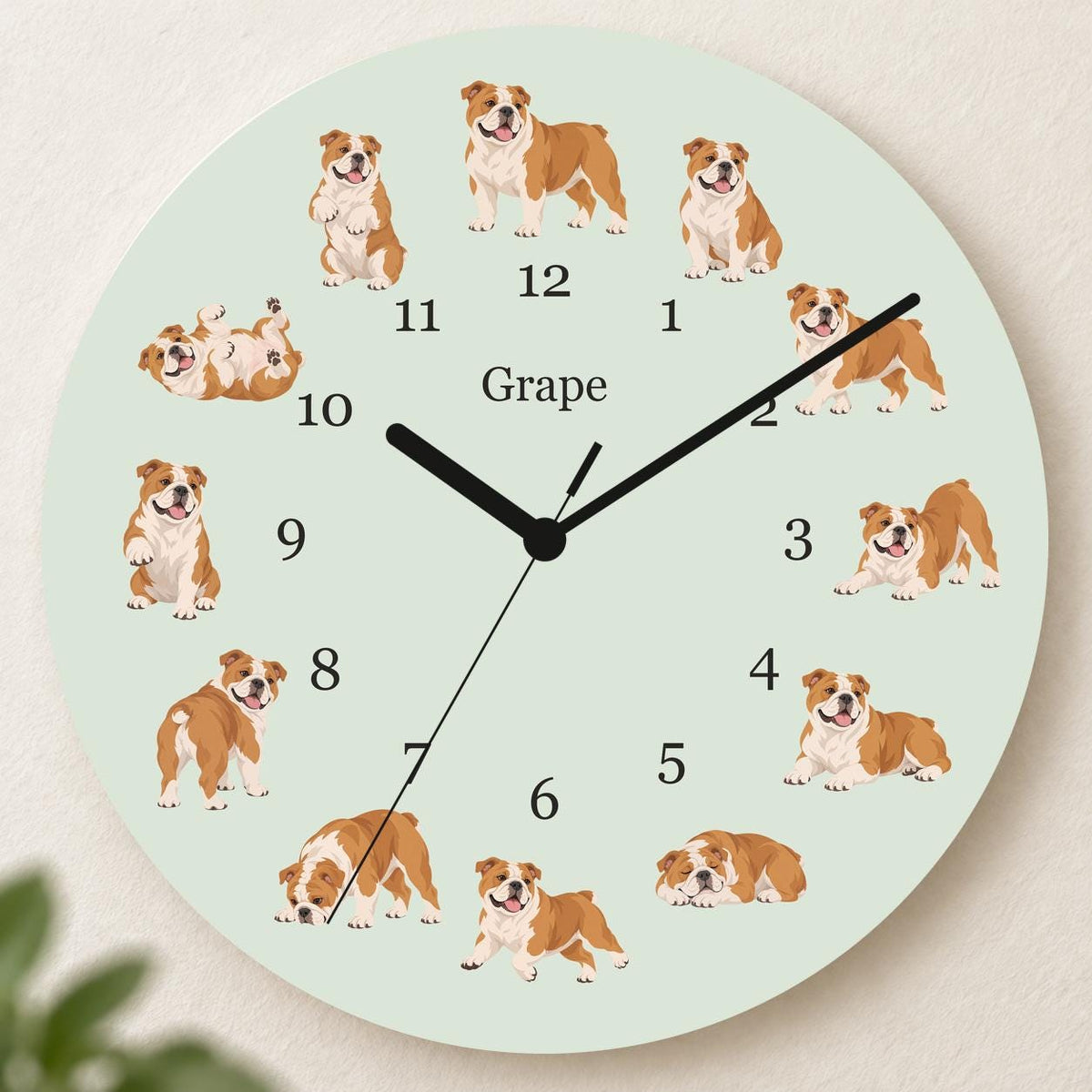 Personalized Bulldog wooden wall clock with example name Grape; hero