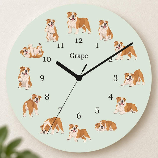 Personalized Bulldog wooden wall clock with example name Grape; hero