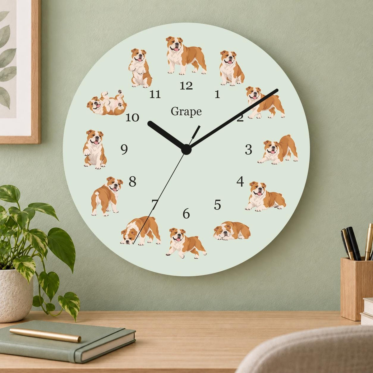 Personalized Bulldog wooden wall clock with example name Grape; home office
