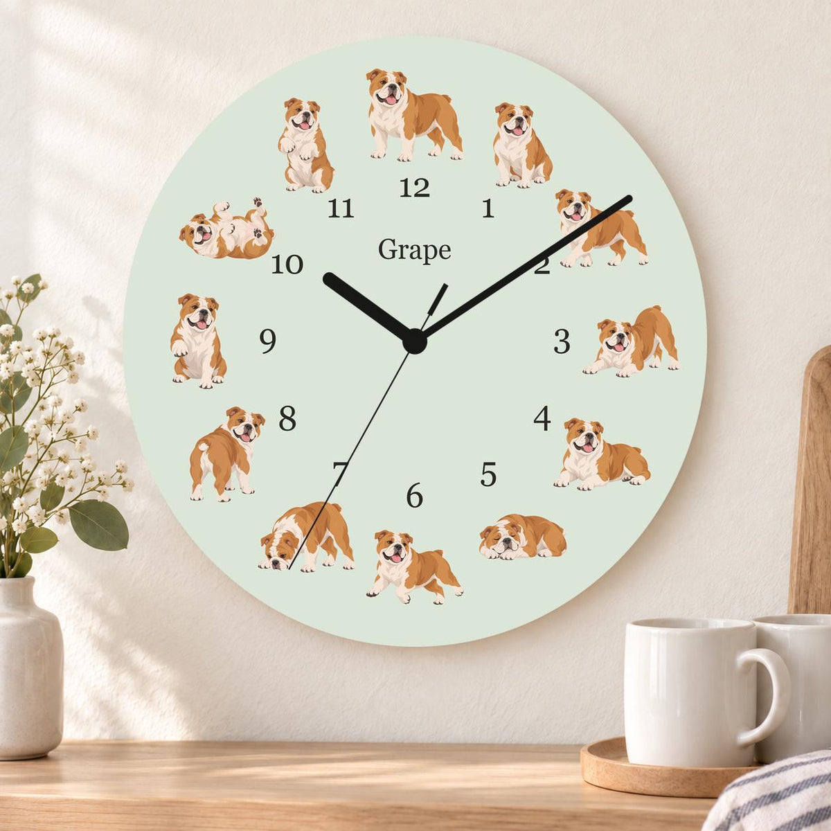 Personalized Bulldog wooden wall clock with example name Grape; kitchen