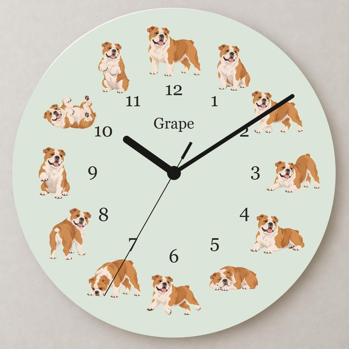 Personalized Bulldog wooden wall clock with example name Grape; close up