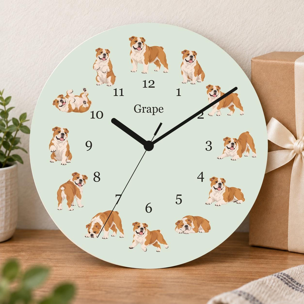 Personalized Bulldog wooden wall clock with example name Grape; gift